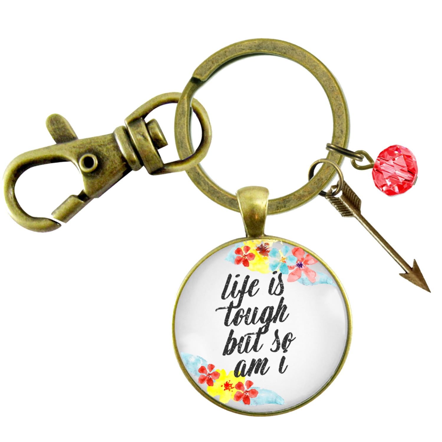 Survivor Gutsy Goodness Bronze Keychain Life Tough But So Am I Rustic Strength Jewelry Flower Arrow Charm
