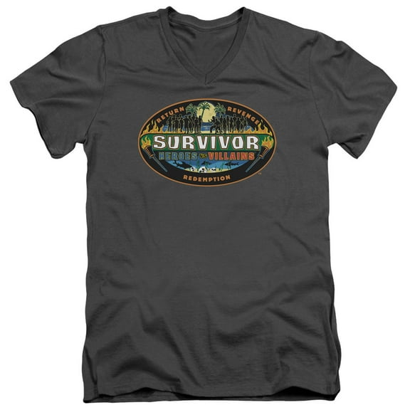 Survivor Heroes Vs Villains Adult V-Neck T-Shirt Charcoal