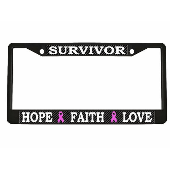Survivor Hope Faith Love Breast Cancer Awareness (Carbon) Design Heavy Duty Metal Car License Plate Frame Auto Tag Holder