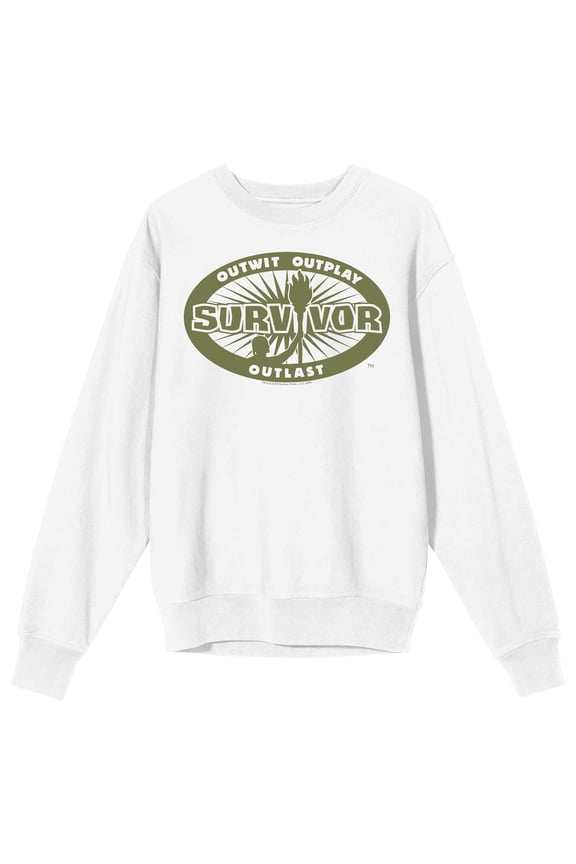Survivor Outwit Outplay Outlast Logo Men's White Crew Neck Sweatshirt-Medium