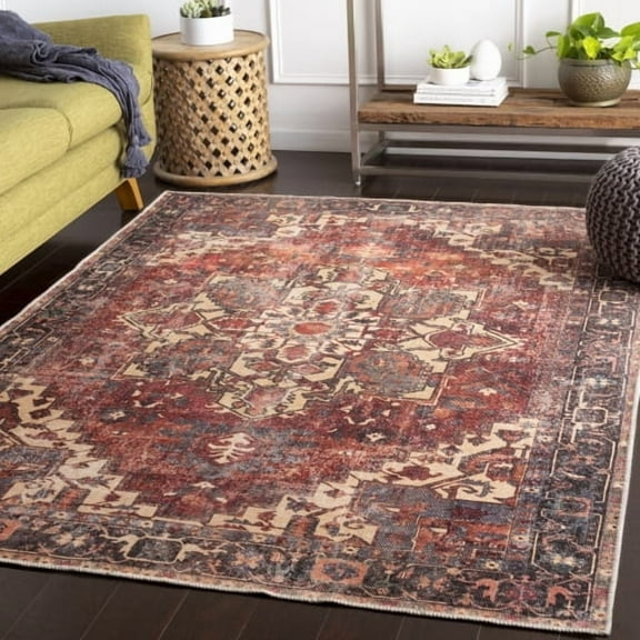 Surya Amelie Traditional Style Low Pile 100% Polyester Area Rug, 5' x 7' Rust, Dark Green, Beige, Deep Teal, Dark Plum, Rose Pet Friendly, Ind/Out, Machine Woven Stain Resistant, AML2308-5373
