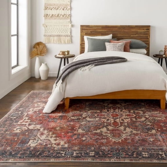 Surya Amelie Traditional Style Low Pile 100% Polyester Area Rug, 7' x 9' Rust, Dark Green, Beige, Deep Teal, Dark Plum, Rose Pet Friendly, Ind/Out, Machine Woven Stain Resistant, AML2308-679