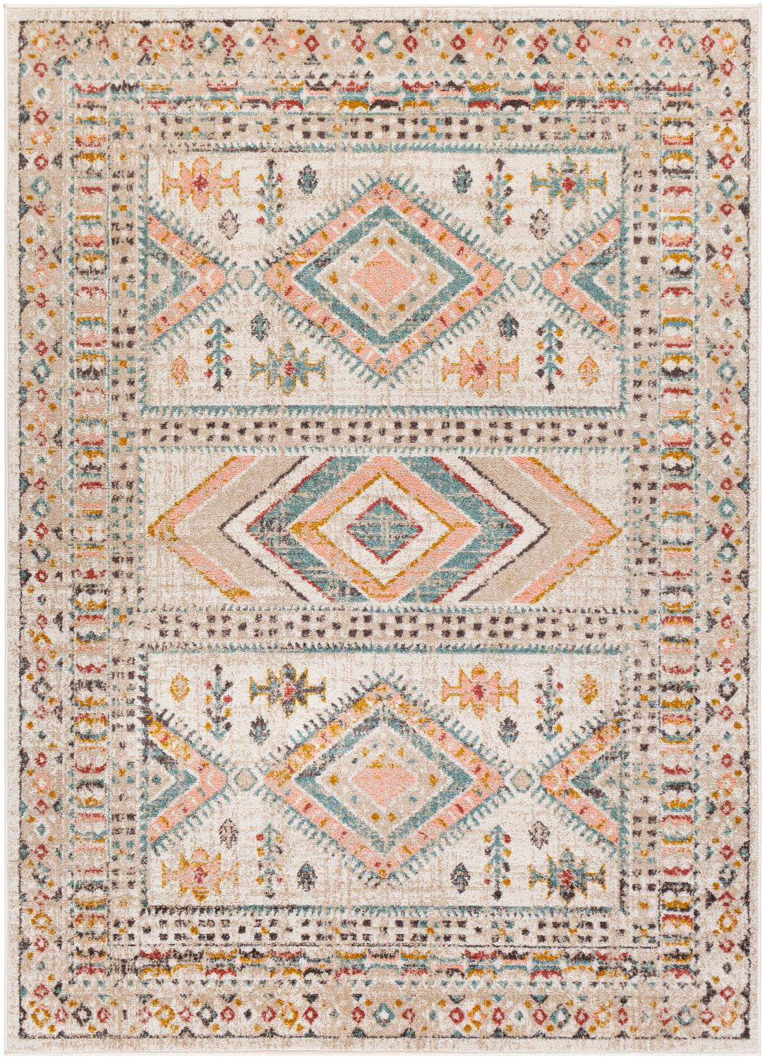 Ivory and Multicolor Synthetic Rectangular Area Rug