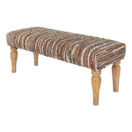 Surya Anthracite Modern Leather and Wood Bench in Brown/Orange/Silver
