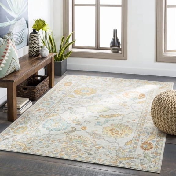 Surya Bodrum Traditional Style Low Pile 100% Polypropylene Area Rug, 7'x9' Ivory, Saffron, Charcoal, Brown, Blue Pet Friendly, Ind/Out, Machine Woven Stain Resistant,BDM2311-6119