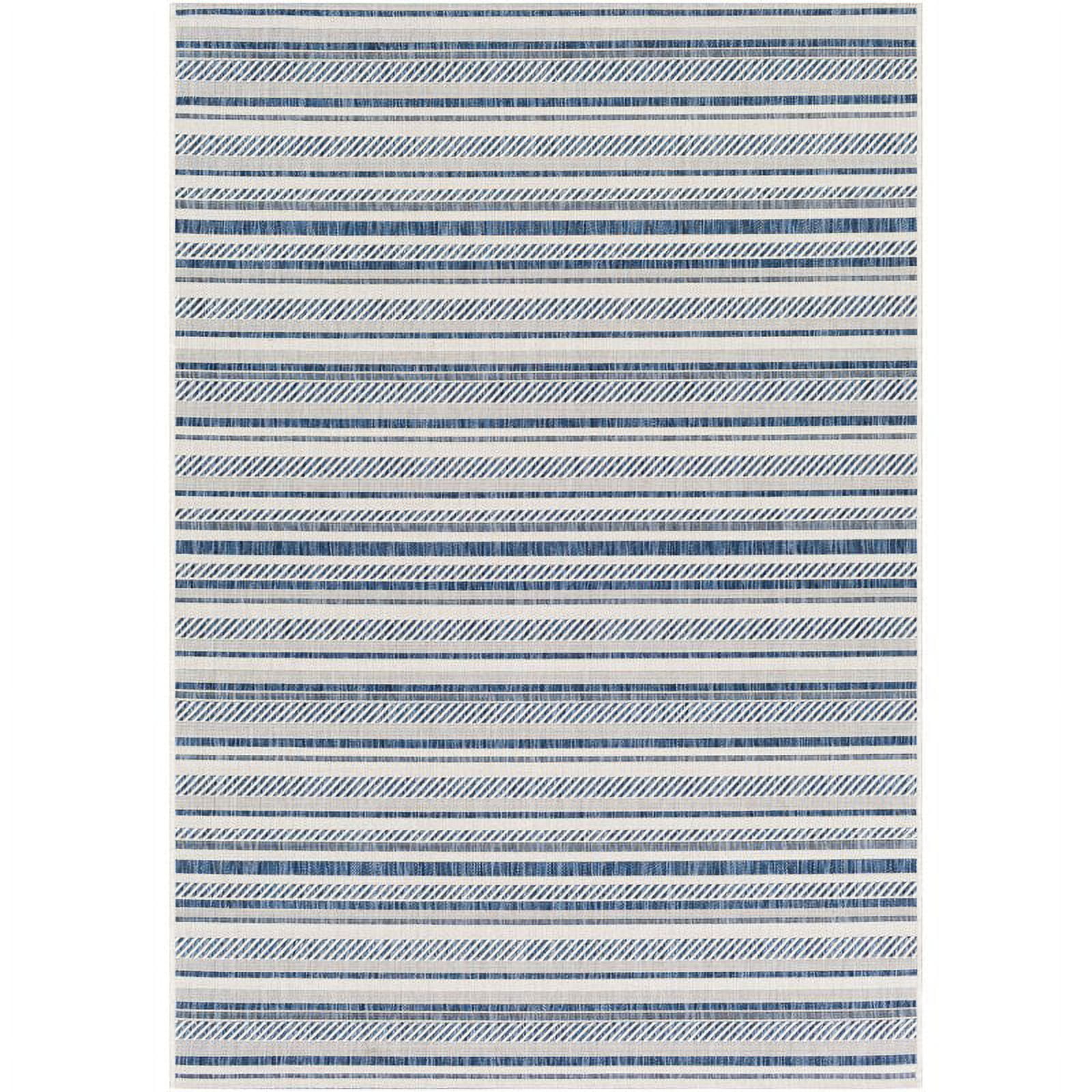 Navy and Light Blue Striped Synthetic Rectangular Rug