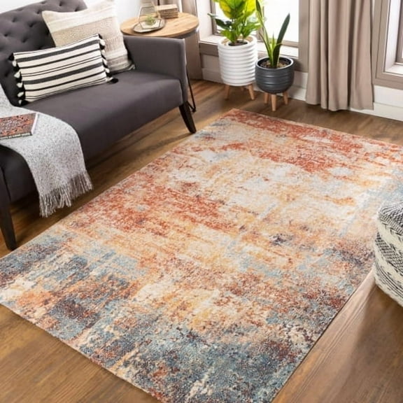 Surya Huntington Beach Modern Style Low Pile 100% Polyester Area Rug, 8' x 10' Denim, Rust, Tan, Medium Gray, Cream, Navy Kid & Pet Friendly, Ind/Out, Machine Woven Stain Resistant, HTB2323-71010