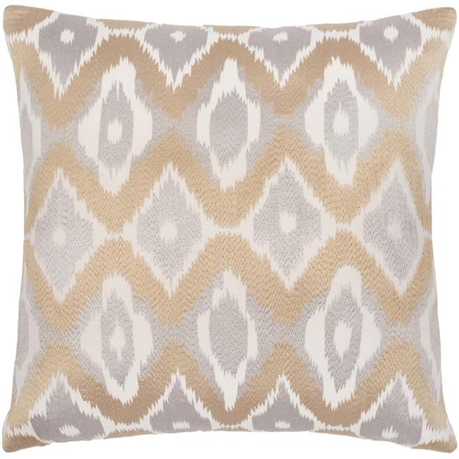 Ikat Luxe Ivory and Tan Embroidered Cotton Square Pillow