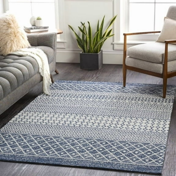 Surya La Casa Global Style No Pile 100% Cotton Area Rug, 5' x 7' Navy, White, Light Blue Pet Friendly, Ind/Out, Machine Woven Stain Resistant, LCS2307-5373