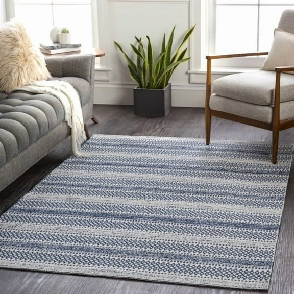 Surya Area Rug 5' x 7' Global Style No Pile Cotton Living Room Bedroom Washable Navy, White, Light Blue Stain Resistant LCS2311-5373