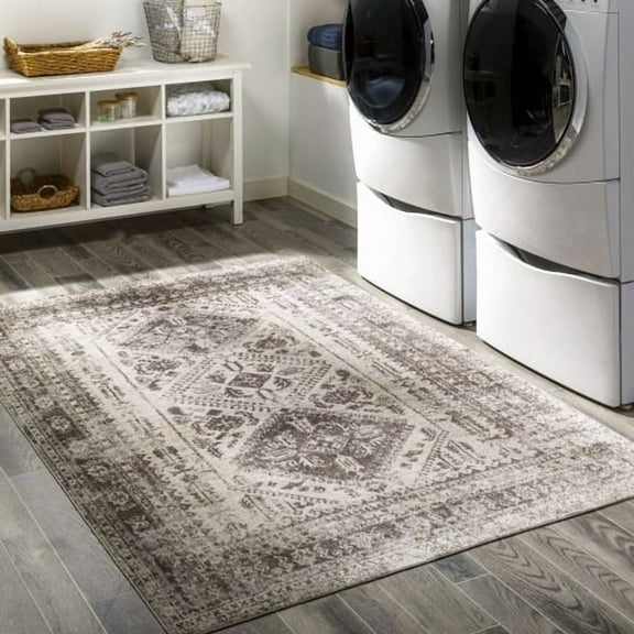 Surya Lavadora Traditional Style Low Pile 100% Polyester Area Rug, 8' x 10' Dark Brown, Gray, Brown, Light Beige Pet Friendly, Ind/Out, Machine Woven Stain Resistant, LVR2301-71010