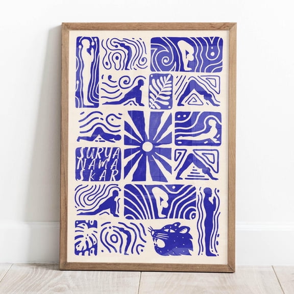 Surya Namaskar Sun Salutation Indigo Blue Variant Artwork, Unframed Canvas 8x10in