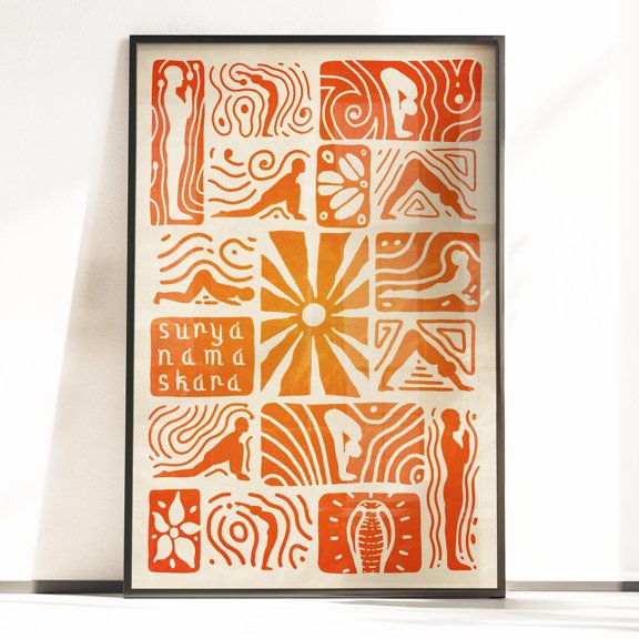 Surya Namaskara Orange Gradient Sun Salutation Yoga Art, Unframed Paper Poster 8x10in