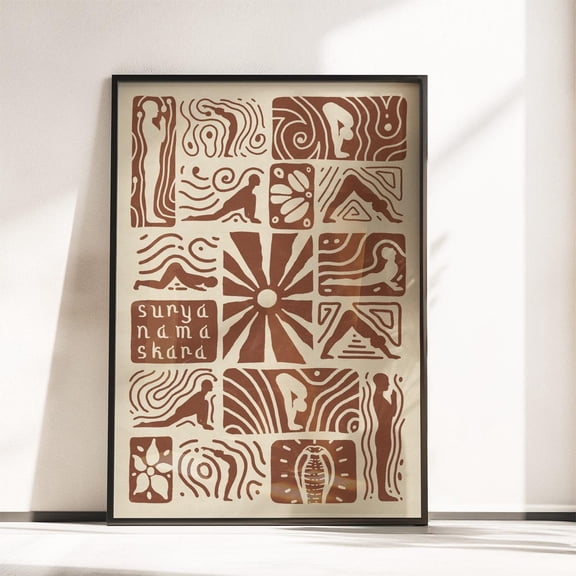 Surya Namaskara Sun Salutation Mocha Brown Yoga Decoration, Unframed Paper Poster 8x10in