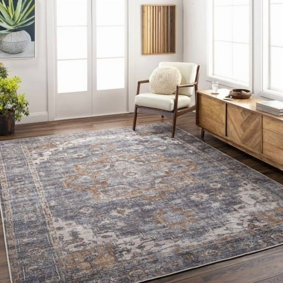 Surya Tahmis Traditional Style Low Pile 100% Polyester Area Rug, 5' x 7' Camel, Charcoal, Medium Brown, Gray, Beige, Cream Pet Friendly, Ind/Out, Machine Woven Stain Resistant, THI2701-5373