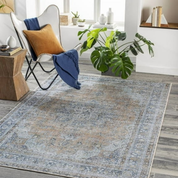Surya Tahmis Traditional Style Low Pile 100% Polyester Area Rug, 7' x 9' Blue, Slate, Beige, Light Gray Pet Friendly, Ind/Out, Machine Woven Stain Resistant, THI2705-679