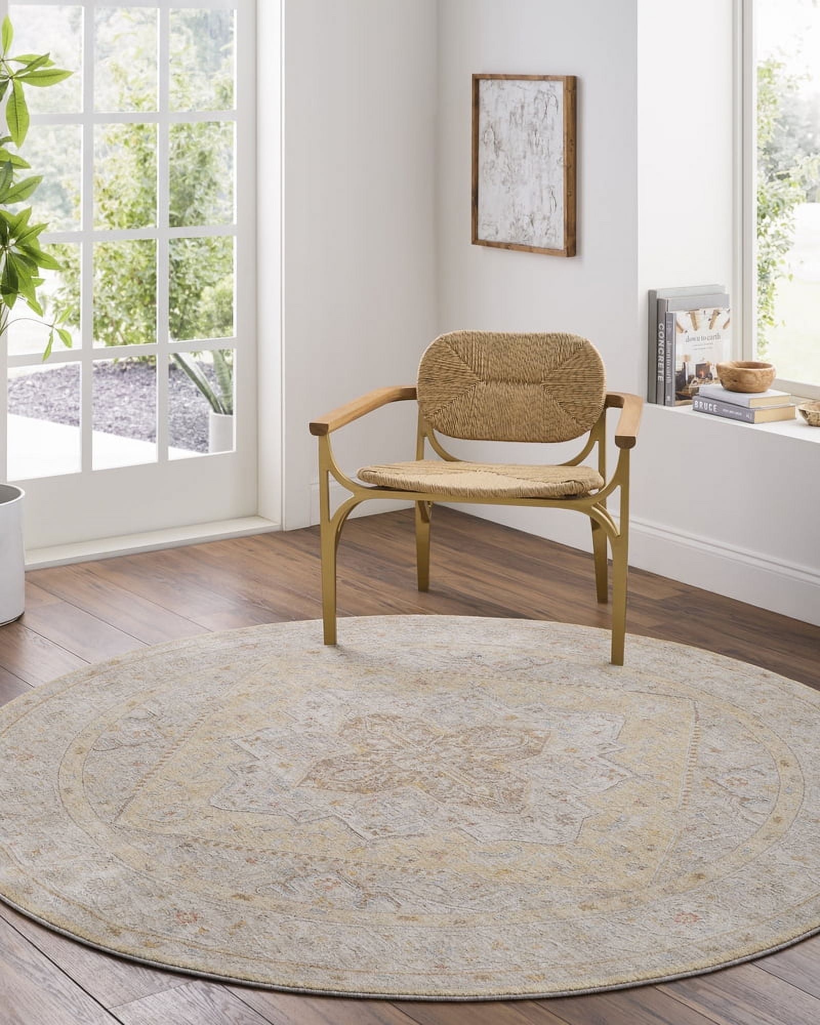 Taupe Round Polyester Fringe Area Rug, 7'10"