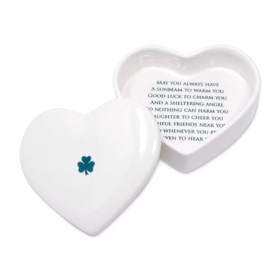 Susabella - Baptism Gift, First Communion Gift, or Confirmation Gift, Handmade Heart Ceramic Keepsake Box with Irish Blessing and Shamrock in Green