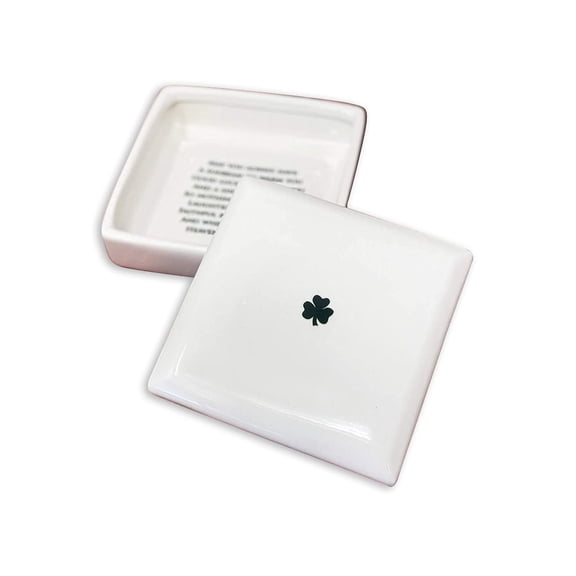 Susabella - Baptism Gift, First Communion Gift, or Confirmation Gift – Square Ceramic Keepsake Box with Irish Blessing and Shamrock in Green