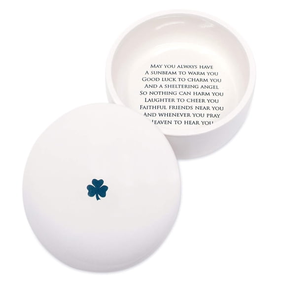 Susabella - Baptism or First Communion Gift, Round Keepsake Box, Irish Blessing & Shamrock in Green