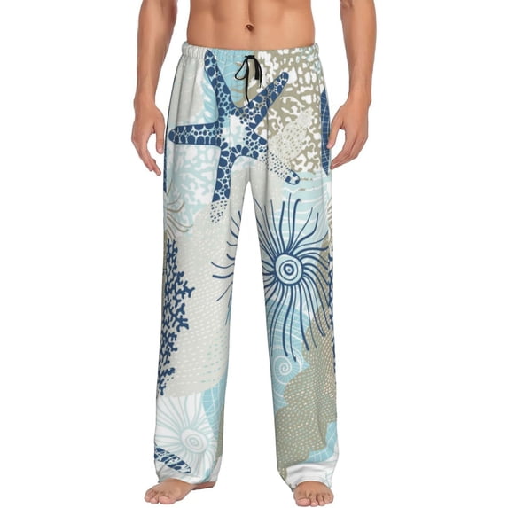 Susaid Algae Corals and Seashells Print Mens Pajama Pants Set Sleep & Lounge Pants, PJ Bottoms with Pockets and Button Fly-Large