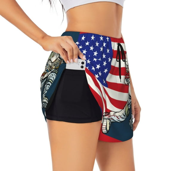 Susaid American Astronaut Runs Forward Print Women's High Waisted Running Shorts Quick Dry Athletic Gym Track Workout Shorts Zip Pocket-Medium