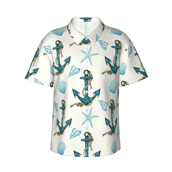 Susaid Anchors And Shells Print Hawaiian Shirts for Men Women,Hawaiian Summer Short-Sleeve Casual Relaxed-Fit Button-Down,Large