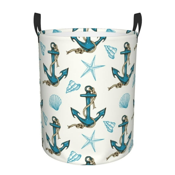 Susaid Anchors And Shells Print Waterproof Oxford Cloth Storage Circular Laundry Hamper BasketCapacity for Home-Small