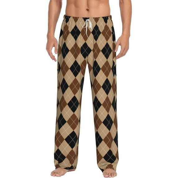 Susaid Argyle of brown Print Mens Pajama Pants Set Sleep & Lounge Pants, PJ Bottoms with Pockets and Button Fly-Small