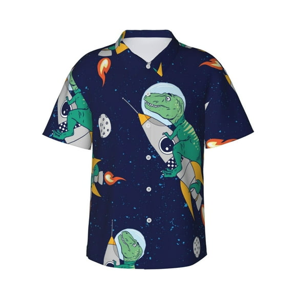 Susaid Astronaut Dinosaur and Space Print Short Sleeve Shirts Button Down Casual Shirts Summer Beach Aloha Button Down Short Sleeve for Men ,Small