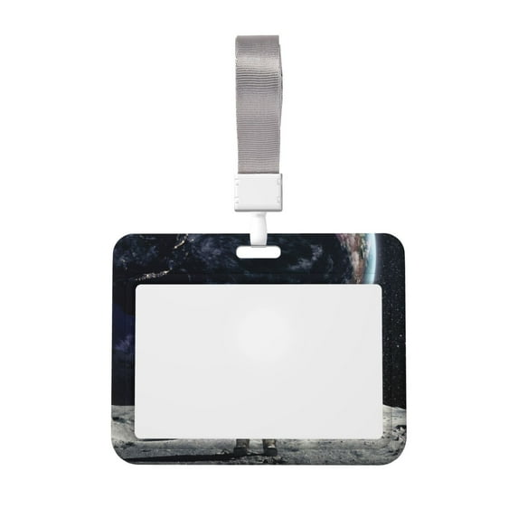 Susaid Astronaut Standing In The Moon Print ID Badge Holder with Double-Sided Windows Horizontal Hard Plastic Case Black Card Protector Pouch for Office School ID Credit Cards