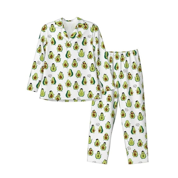 Susaid Avocado Friends Print Men's Long Sleeve Pajama Set, Two-Piece Button-Down Loungewear PJs Set, Comfortable Sleepwear for Relaxation-X-Large