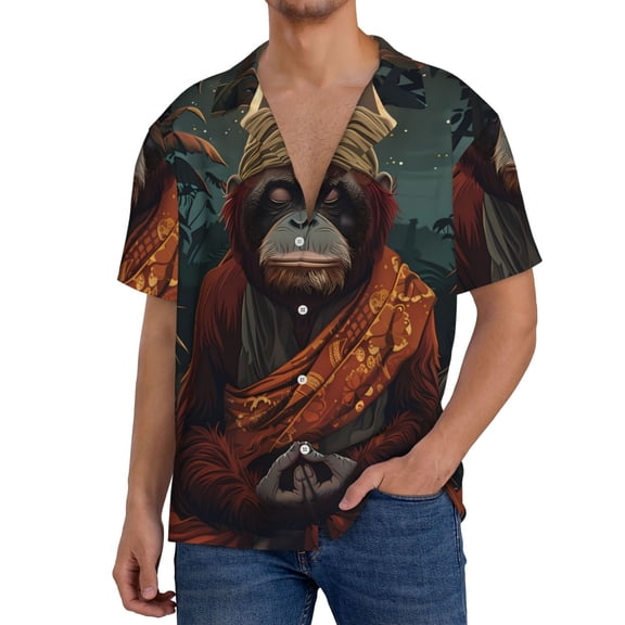 Susaid Banana Leaf Meditating Gorilla Print Men's Polo Shirts Button Down Short Sleeve Casual Summer Beach Vintage Shirts for Men-4X-Large