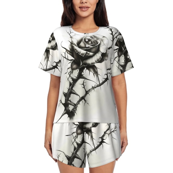 Susaid Black And White Rose Print Women's Pajama Set, Button-Up Sleepwear with Elastic Waist Shorts, Perfect for Lounging, Yoga, Beach, and Casual Wear-Large