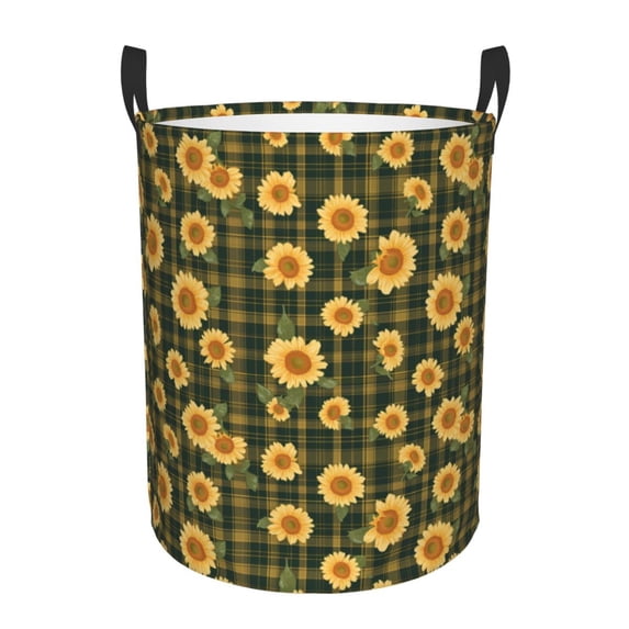 Susaid Black Ink Green Plaid Sunflower Print Waterproof Oxford Cloth Storage Circular Laundry Hamper BasketCapacity for Home-Medium
