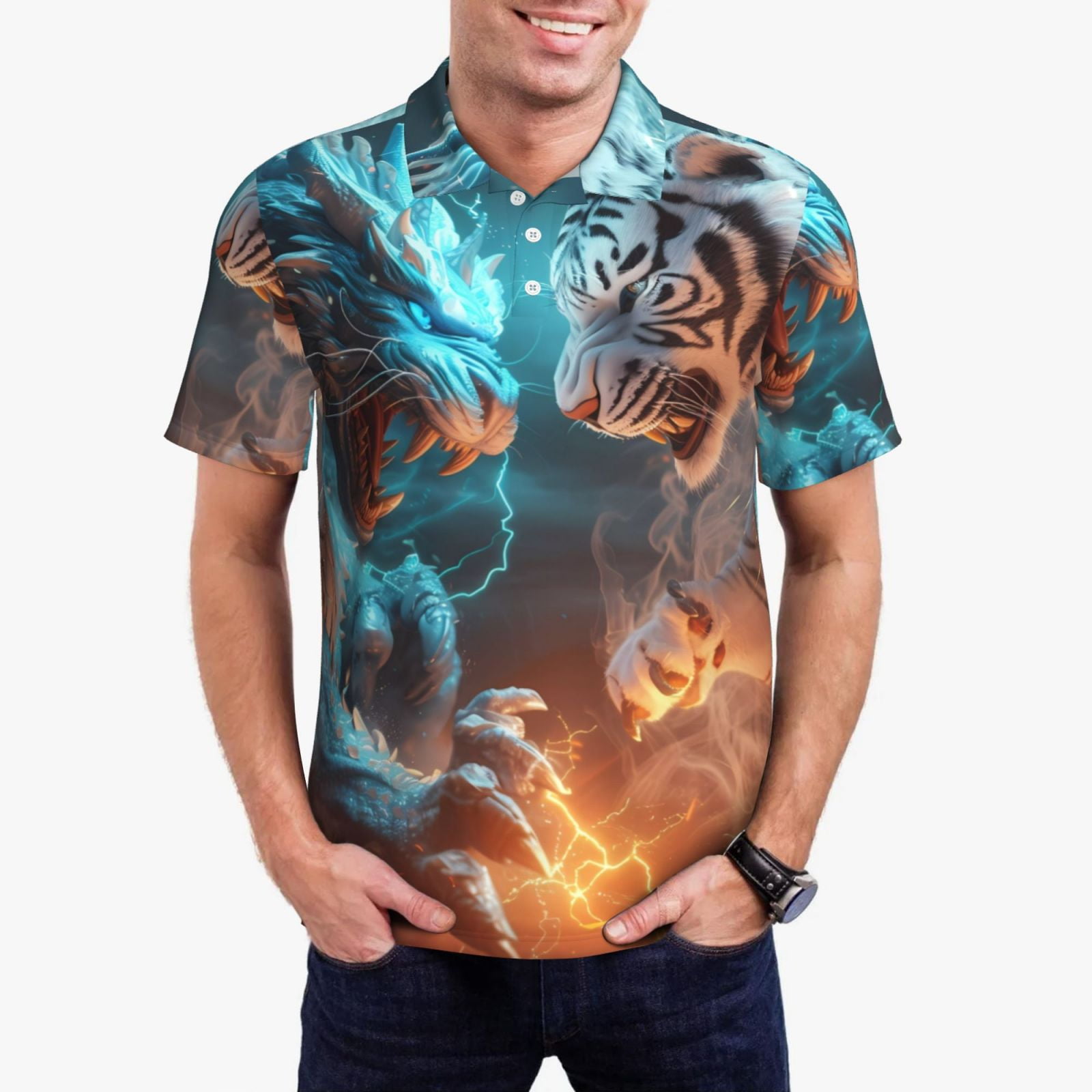 Fighting Tiger Purple & Gold All-Over Print on White Youth Albatross Polo