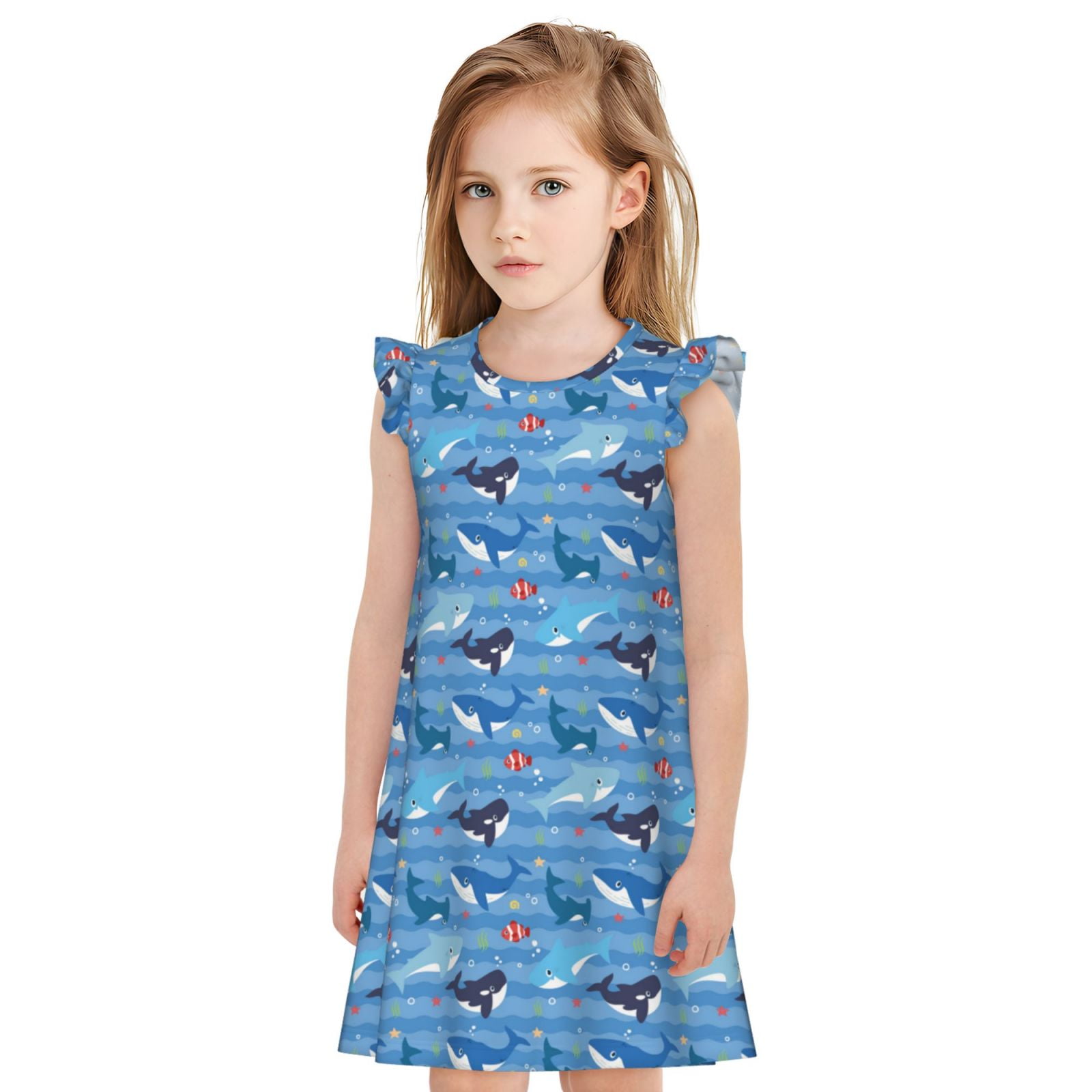 Girls Red and Blue Fish Print Pure Cotton Tie-Neck Dress