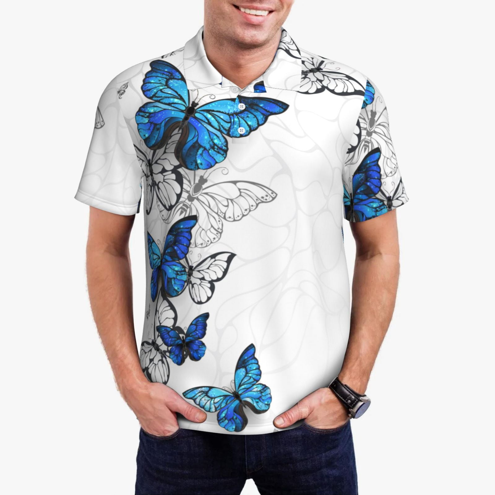 Yellow Butterfly Pattern Print Men's Short Sleeve Shirt