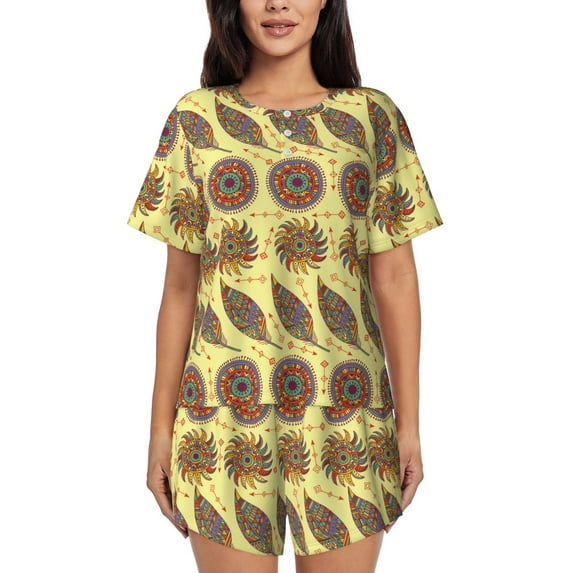 Susaid Bohemia Print Women's Pajama Set, Button-Up Sleepwear with Elastic Waist Shorts, Perfect for Lounging, Yoga, Beach, and Casual Wear-X-Large