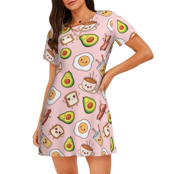 Susaid Breakfast Pattern Sleep Shirts for Women Short Sleeve Night Shirts for Sleeping Pullover Nightgown Soft Nightdress