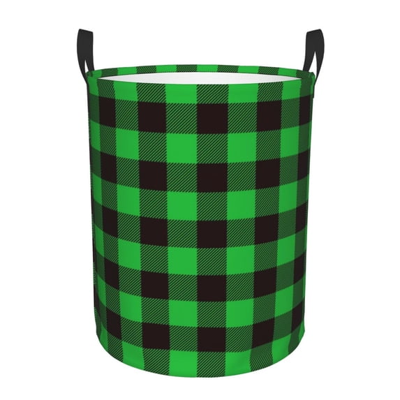 Susaid Buffalo Plaid Green Black Print Waterproof Oxford Cloth Storage Circular Laundry Hamper BasketCapacity for Home-Small