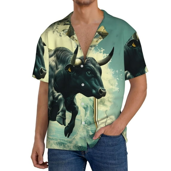 Susaid Bull Charging Through Waves Print Men's Polo Shirts Button Down Short Sleeve Casual Summer Beach Vintage Shirts for Men-Medium