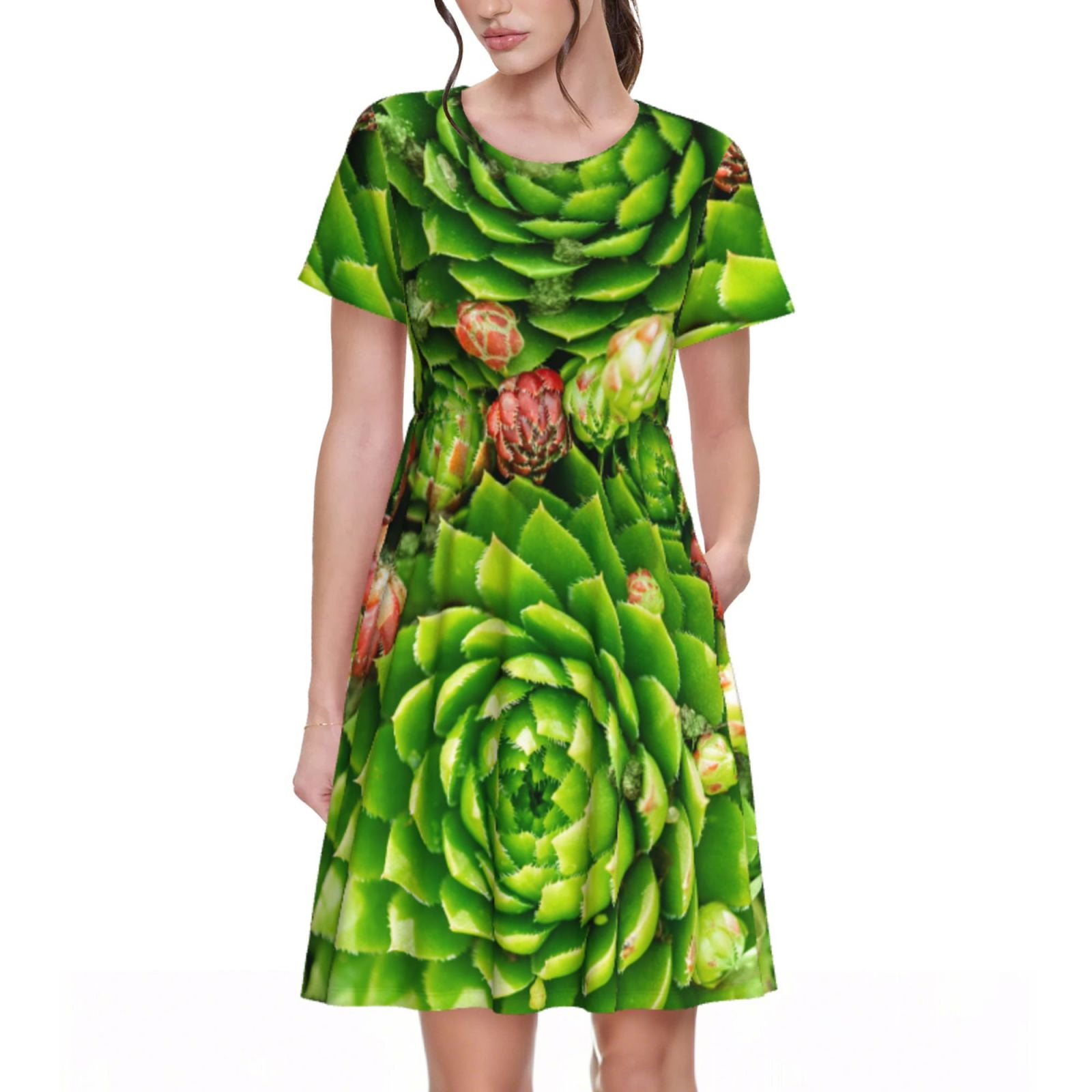 Cactus Love Print Dress with Black and White Stripes