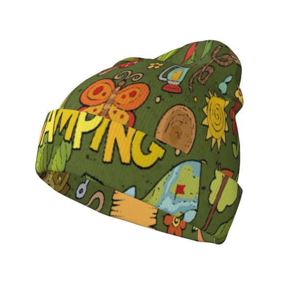Susaid Camping 1 Print Winter Beanie for Men Women, Lined Beanie Soft Warm Knit Hat Ski Cuffed Cap