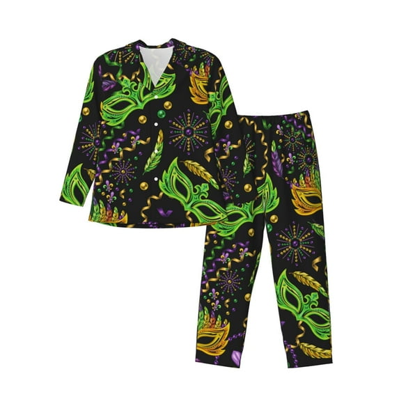 Susaid Carnival Mardi Gras3 Print Men's Long Sleeve Pajama Set, Two-Piece Button-Down Loungewear PJs Set, Comfortable Sleepwear for Relaxation-Medium