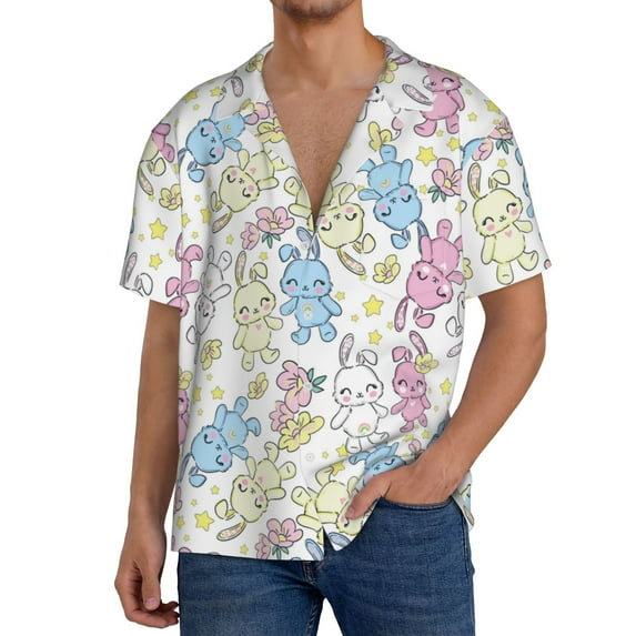 Susaid Cartoon Bunny Print Men's Polo Shirts Button Down Short Sleeve Casual Summer Beach Vintage Shirts for Men-Medium