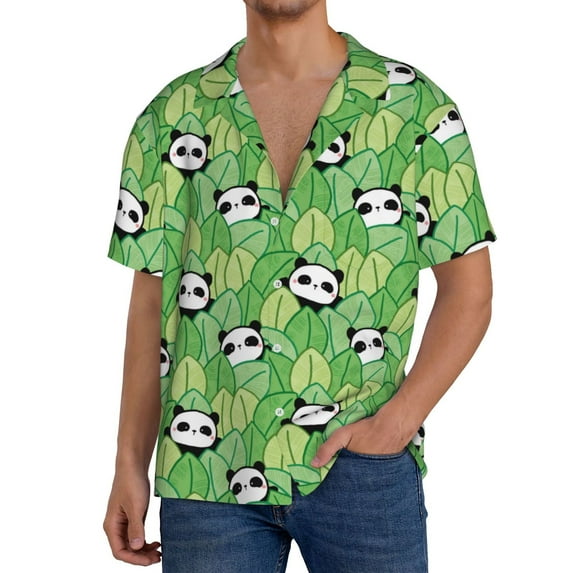 Susaid Cartoon Panda And Leaf 1 Print Men's Polo Shirts Button Down Short Sleeve Casual Summer Beach Vintage Shirts for Men-X-Large