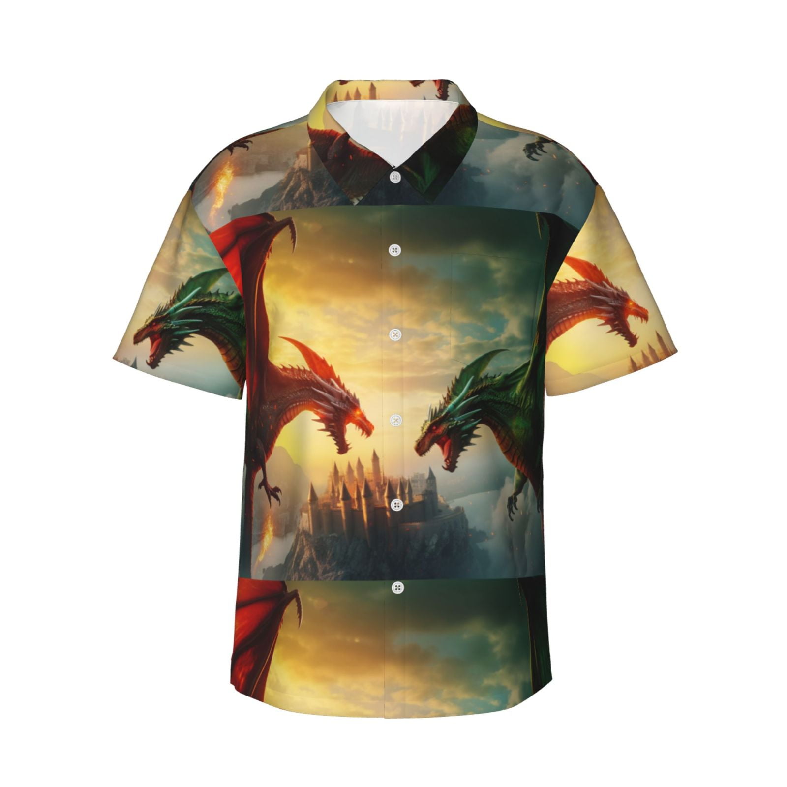 Susaid Castle Red Green Sky Dragon Print Short Sleeve Shirts Button ...
