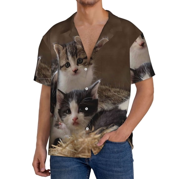 Susaid Cat Family Print Men's Polo Shirts Button Down Short Sleeve Casual Summer Beach Vintage Shirts for Men-Medium