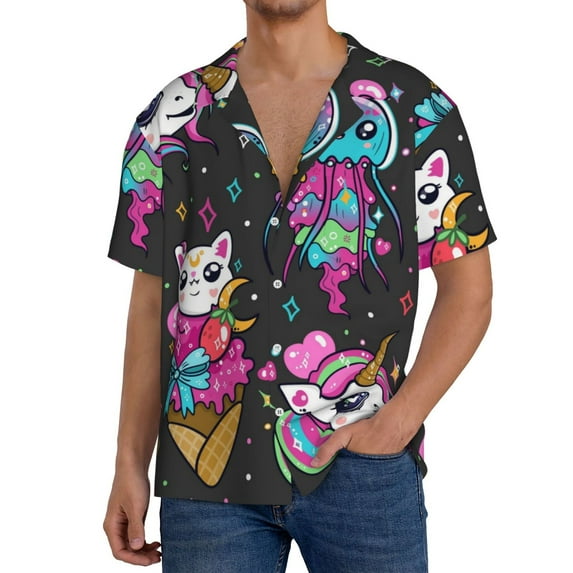 Susaid Cat Icecream Print Men's Polo Shirts Button Down Short Sleeve Casual Summer Beach Vintage Shirts for Men-Large
